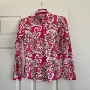 San Soleil Hot Pink Lime Paisley 1/4 Zip Mock Neck Sun Protection Shirt Women XS